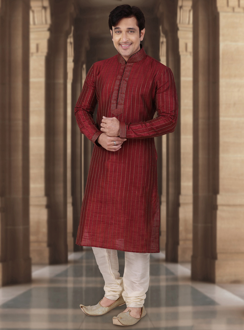 Maroon Dupion Readymade Kurta Pajama 107835