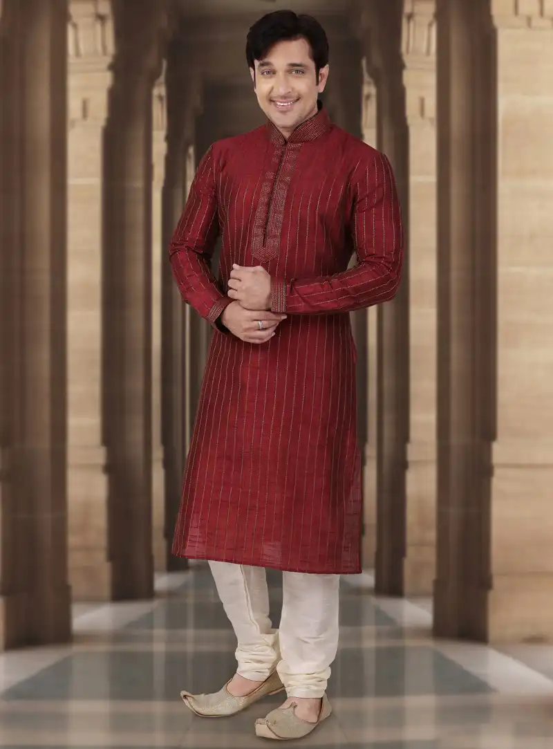 Maroon Dupion Readymade Kurta Pajama 107835