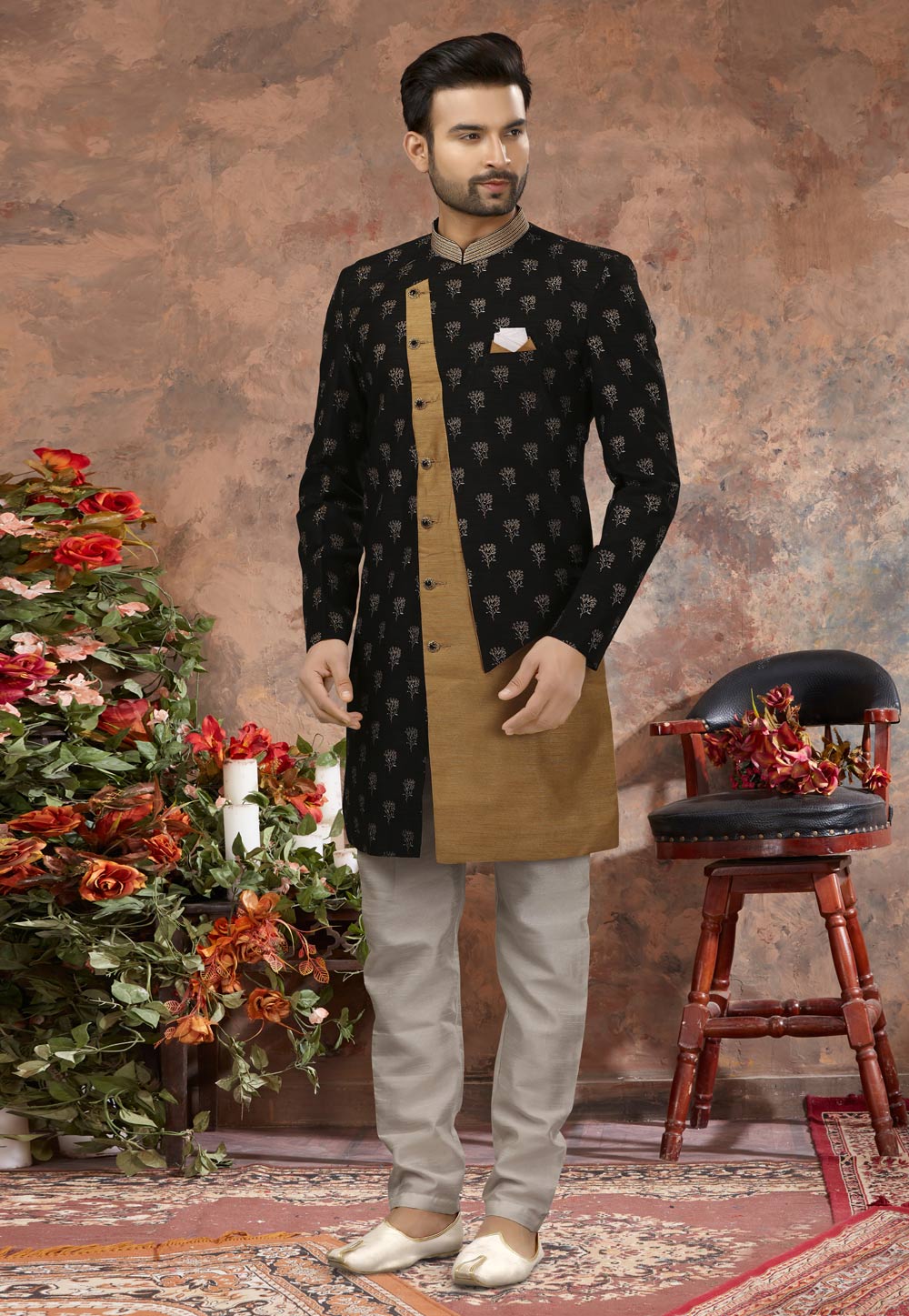 Black Jacquard Indo Western Sherwani 251545