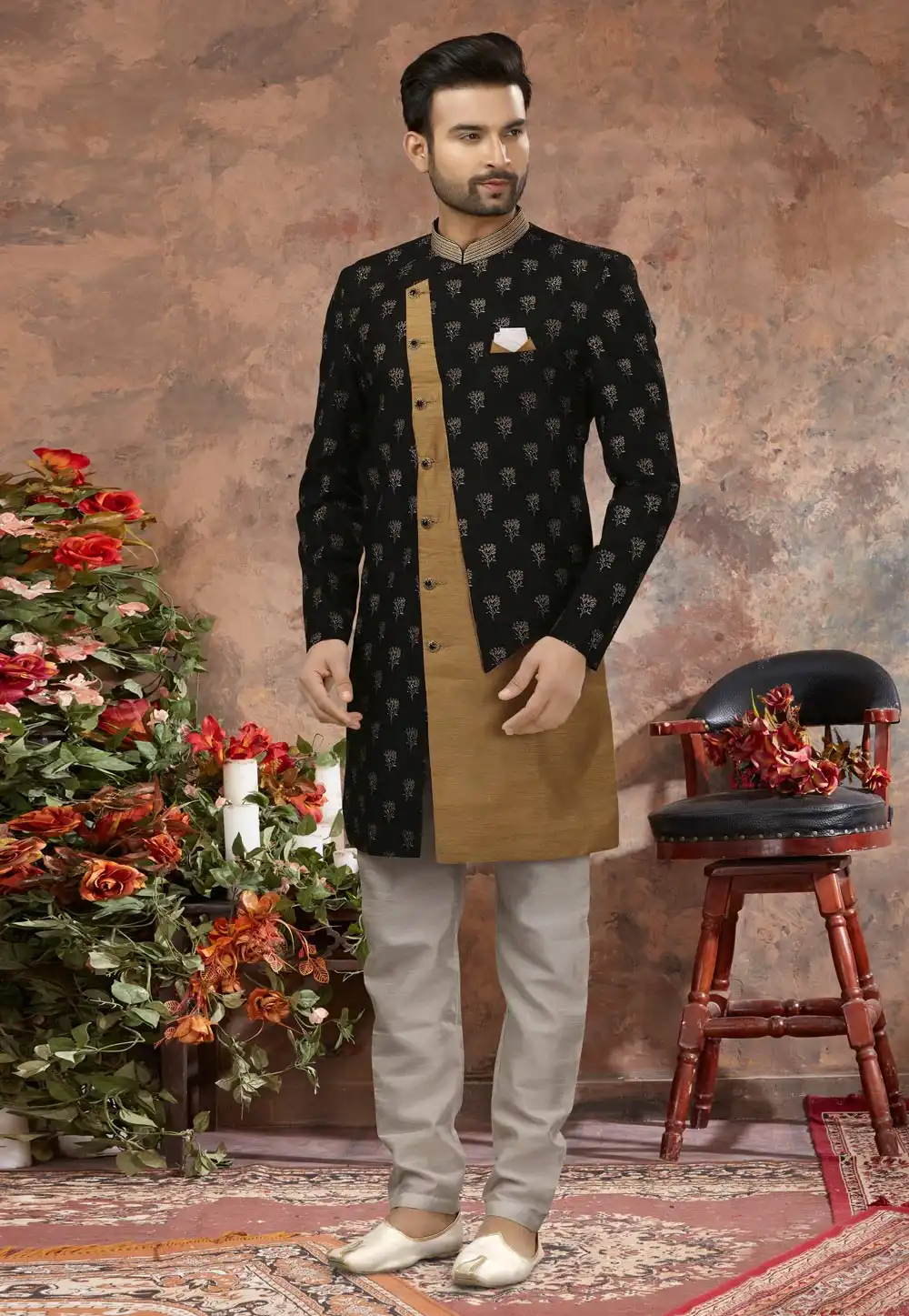 Black Jacquard Indo Western Sherwani 251545