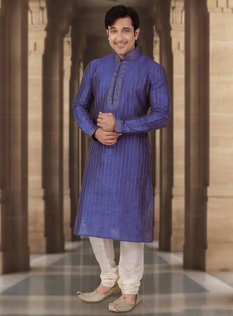 Blue Dupion Readymade Kurta Pajama 107836