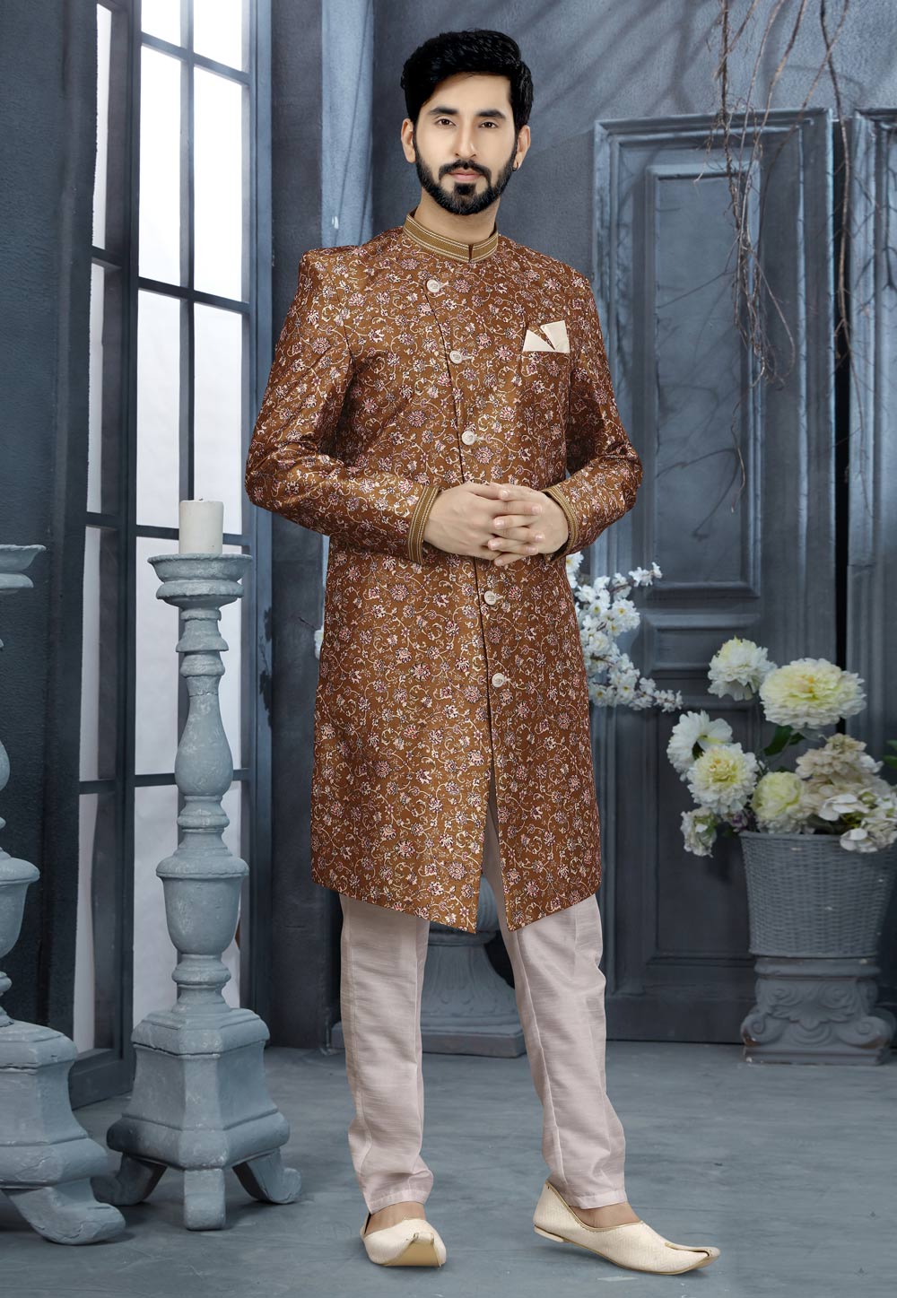 Brown Jacquard Indo Western Sherwani 251546