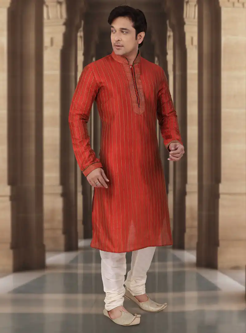 Red Dupion Readymade Kurta Pajama 107837