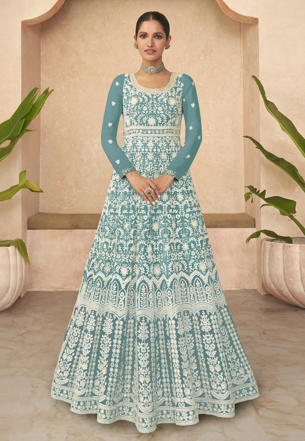 Sky Blue Faux Georgette Long Anarkali Suit 274161
