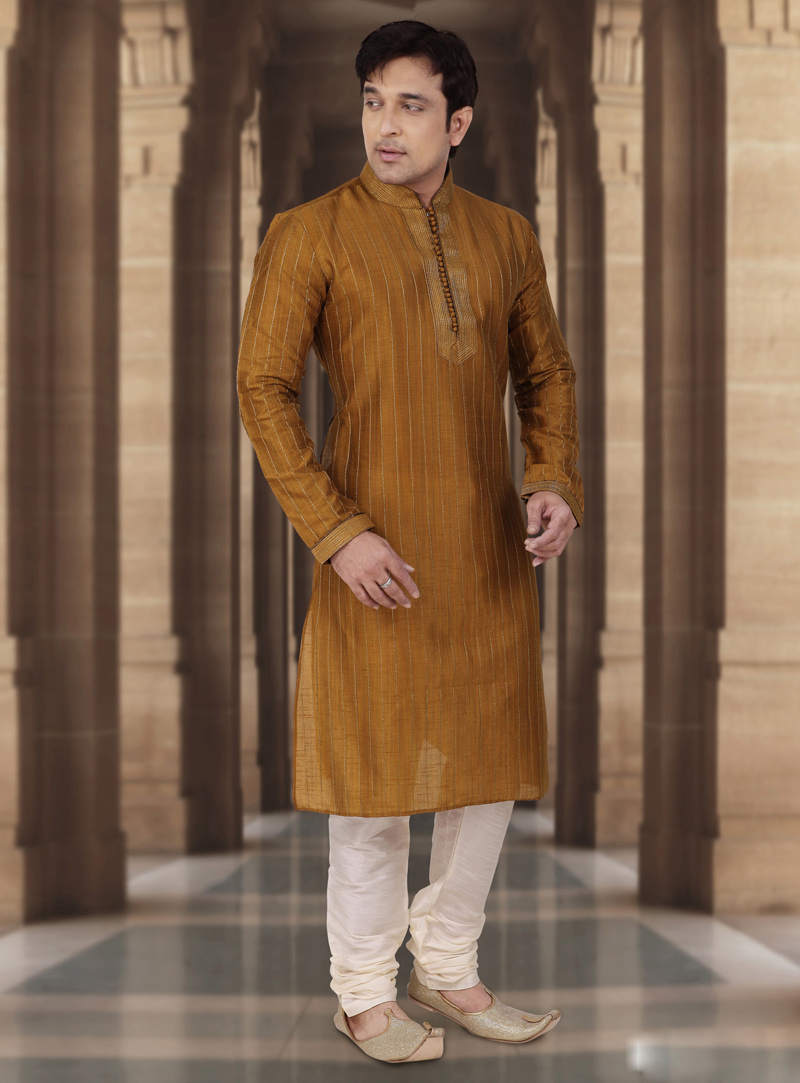Mustard Dupion Readymade Kurta Pajama 107838