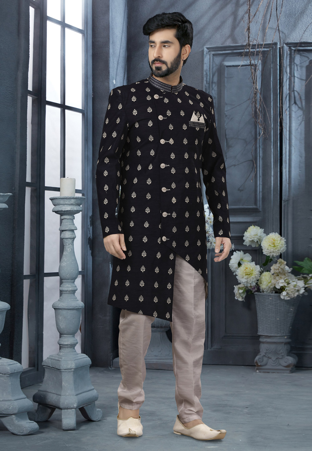 Black Banarasi Indo Western Sherwani 251548
