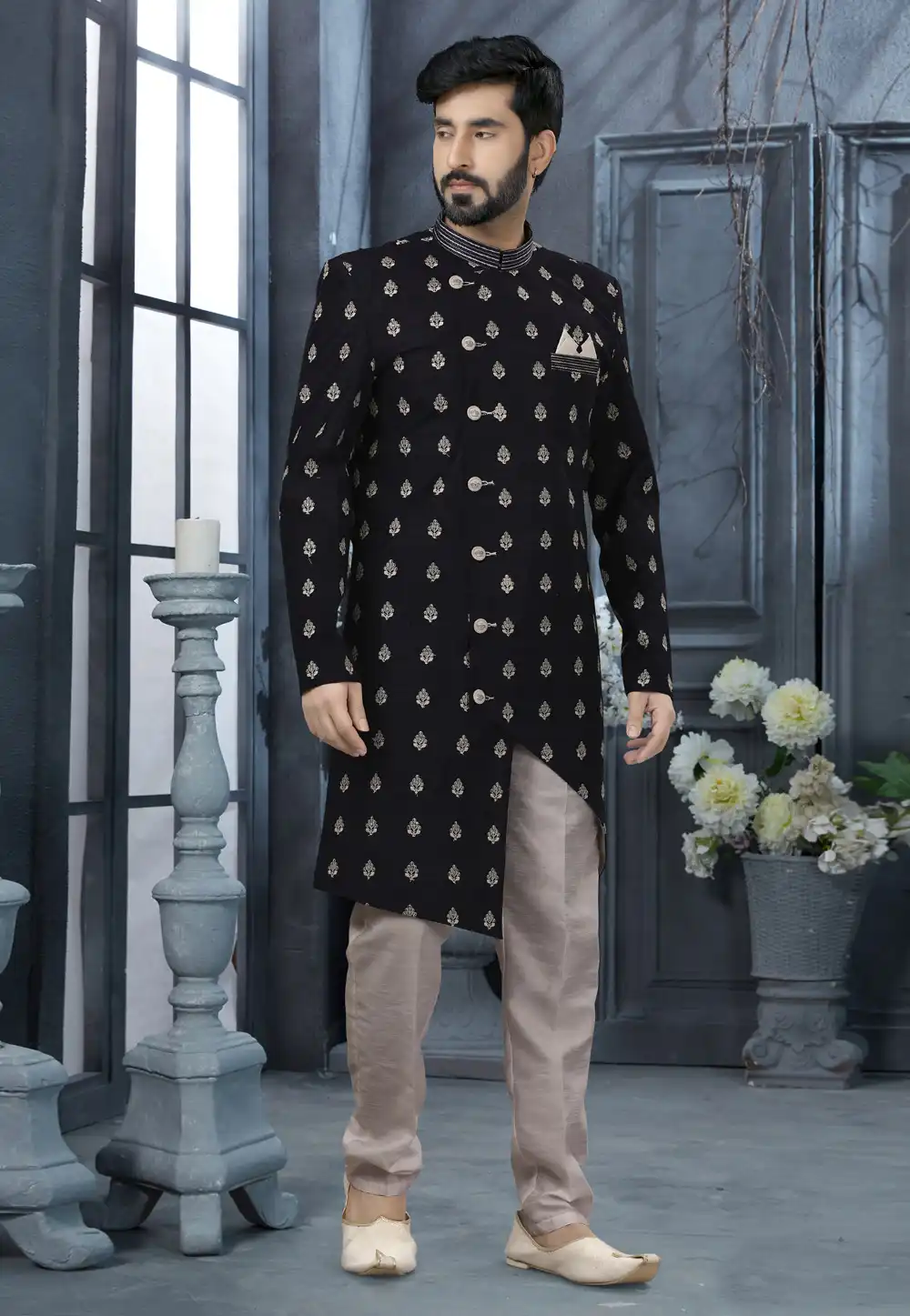 Black Banarasi Indo Western Sherwani 251548