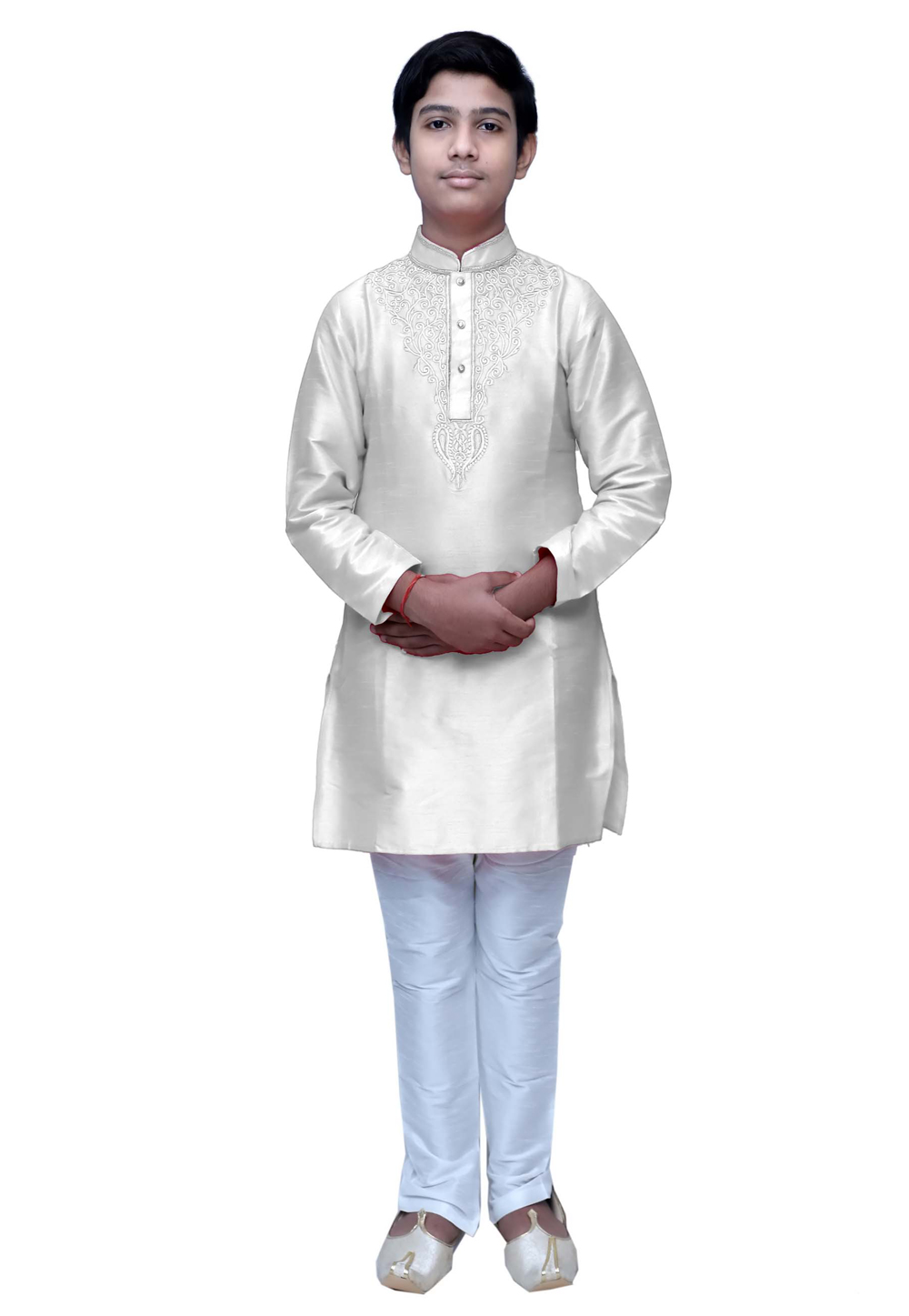 Off White Dupion Silk Readymade Kids Kurta Pajama 211367