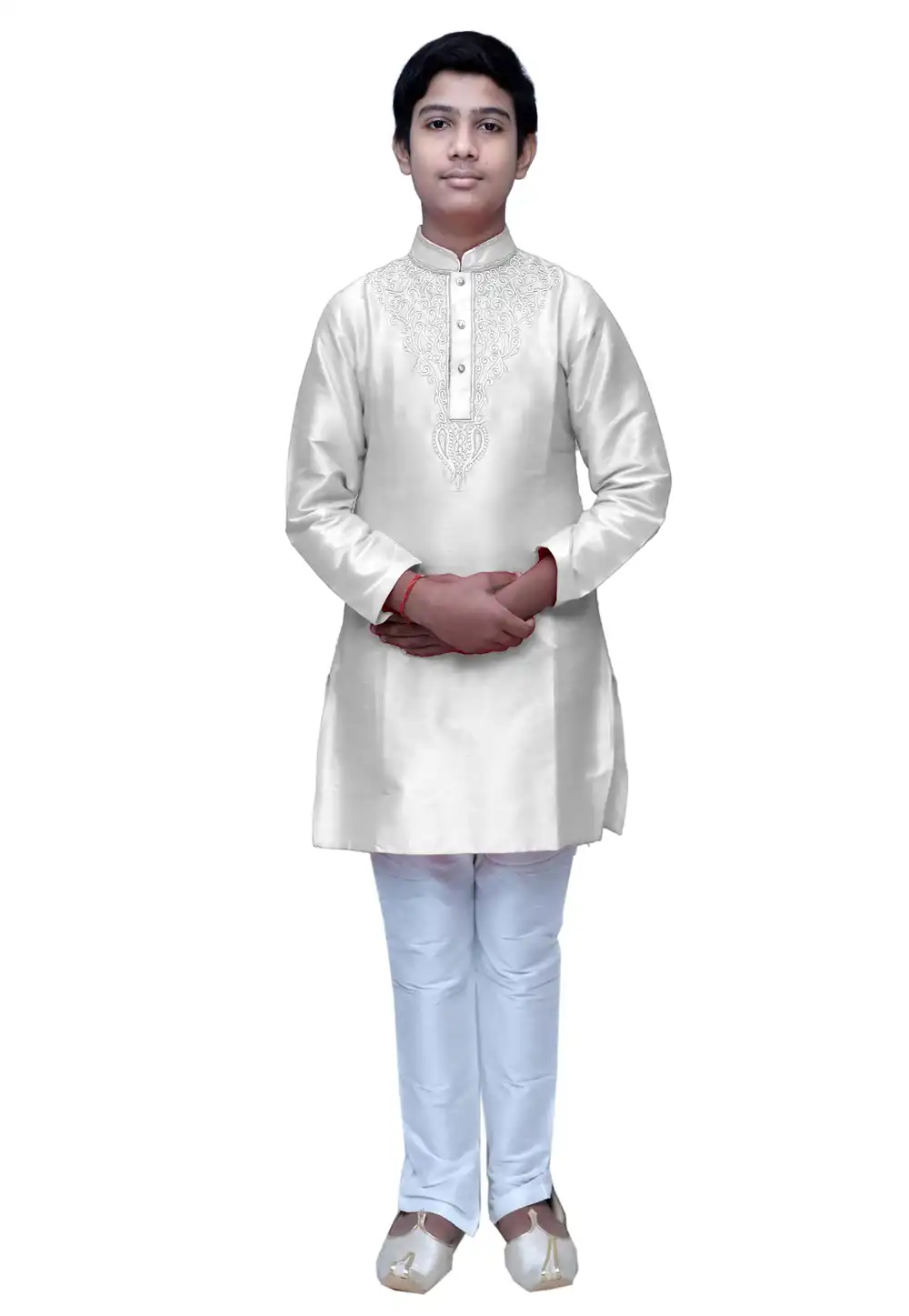 Off White Dupion Silk Readymade Kids Kurta Pajama 211367