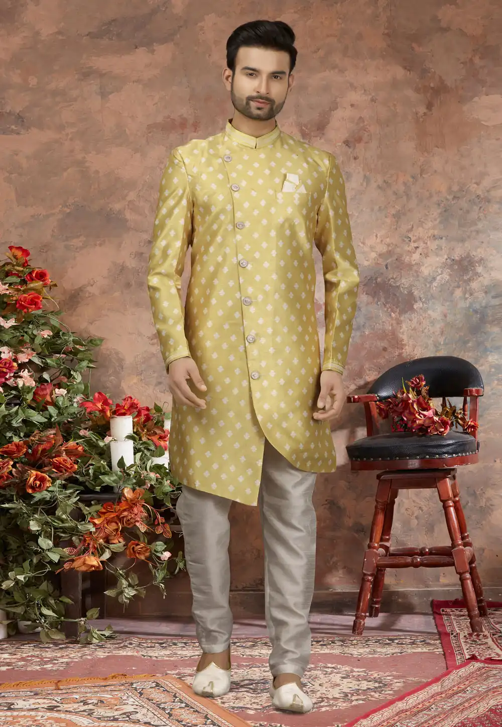 Yellow Jacquard Indo Western Sherwani 251549