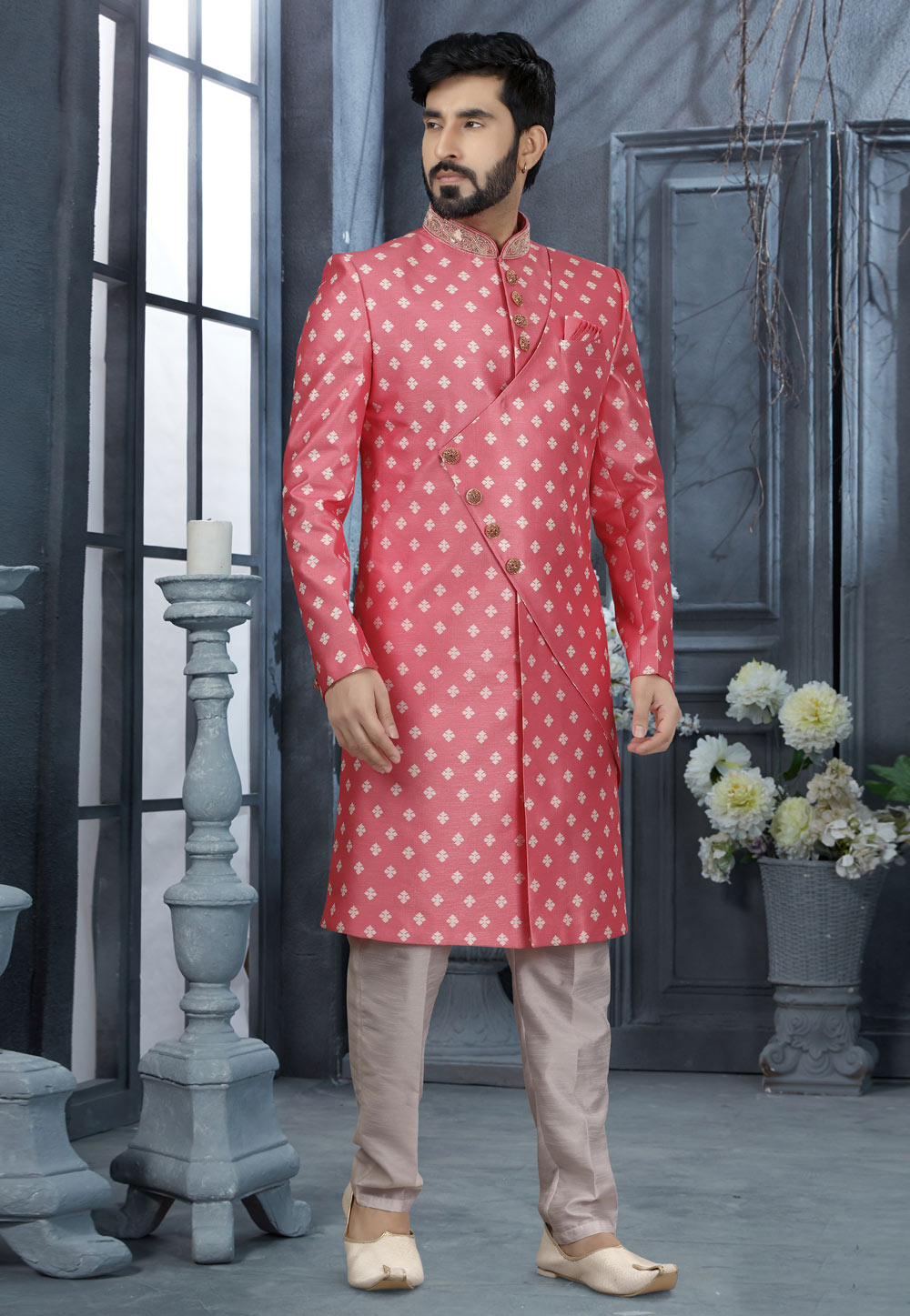 Pink Jacquard Indo Western Sherwani 251550