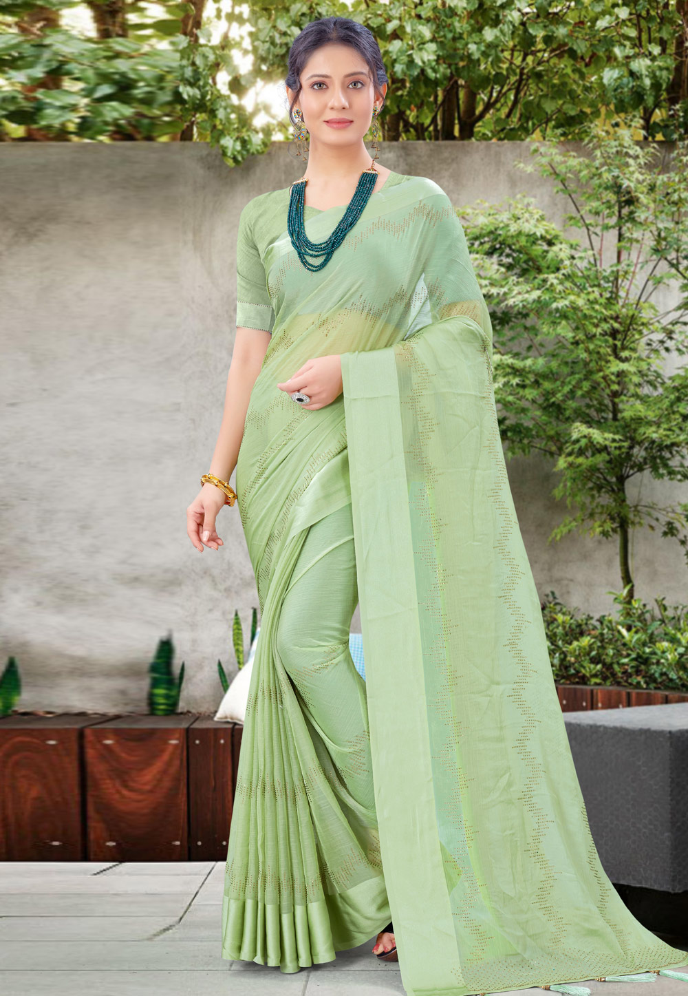 Pista Green Chiffon Satin Festival Wear Saree 230658