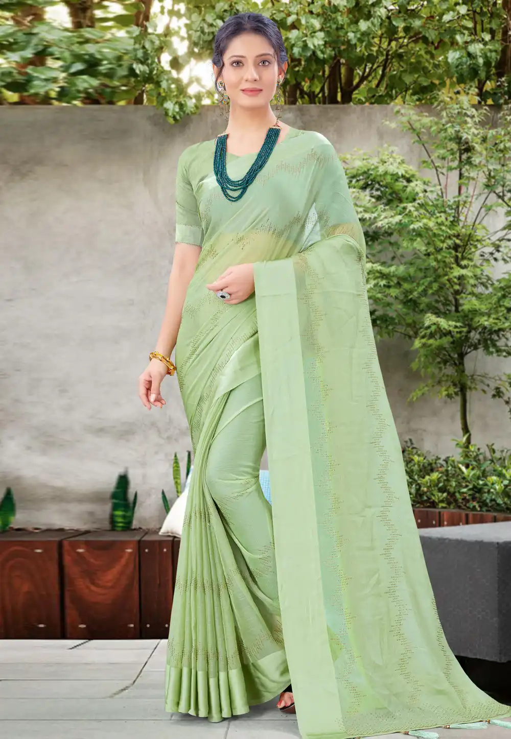 Pista Green Chiffon Satin Festival Wear Saree 230658