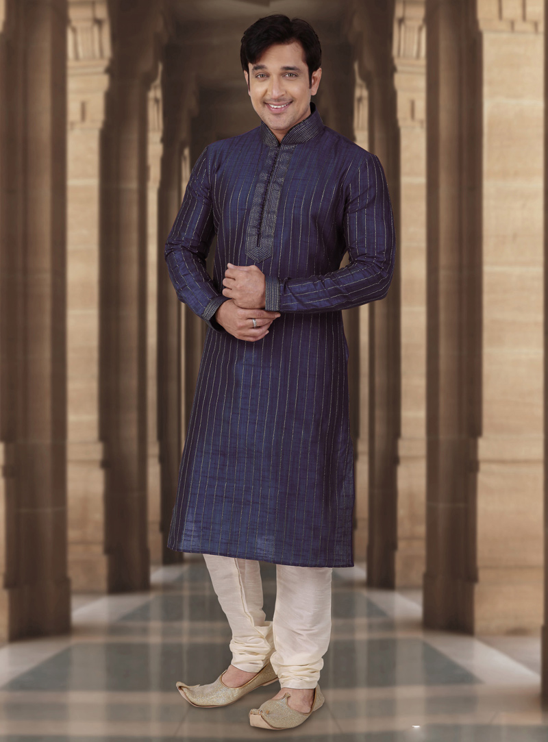 Navy Blue Dupion Readymade Kurta Pajama 107841