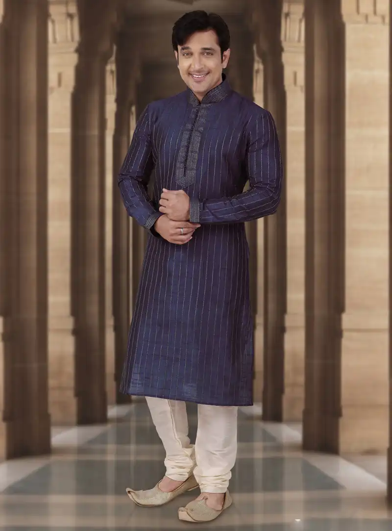 Navy Blue Dupion Readymade Kurta Pajama 107841