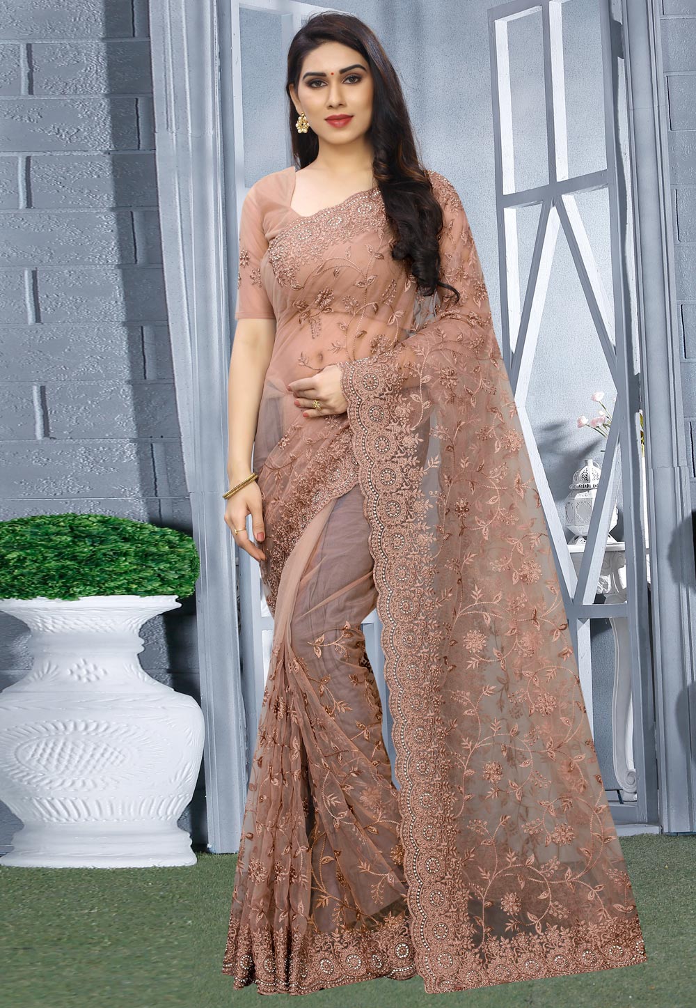 Peach Net Saree With Blouse 200407