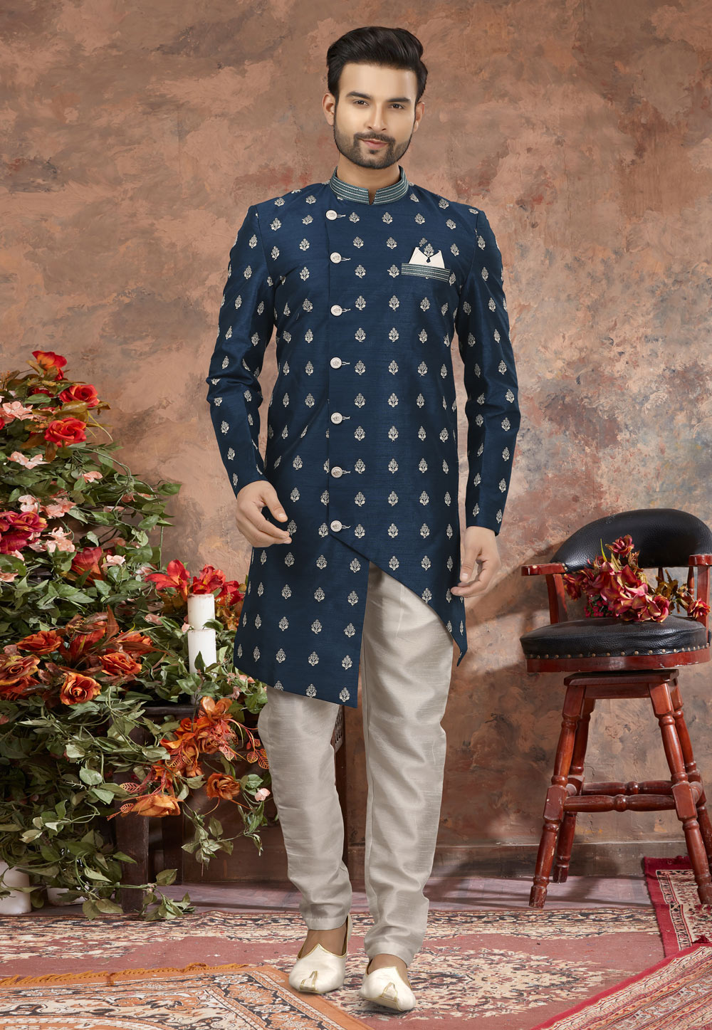 Navy Blue Banarasi Indo Western Sherwani 251551