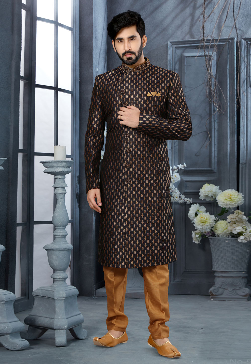 Black Jacquard Indo Western Sherwani 251552