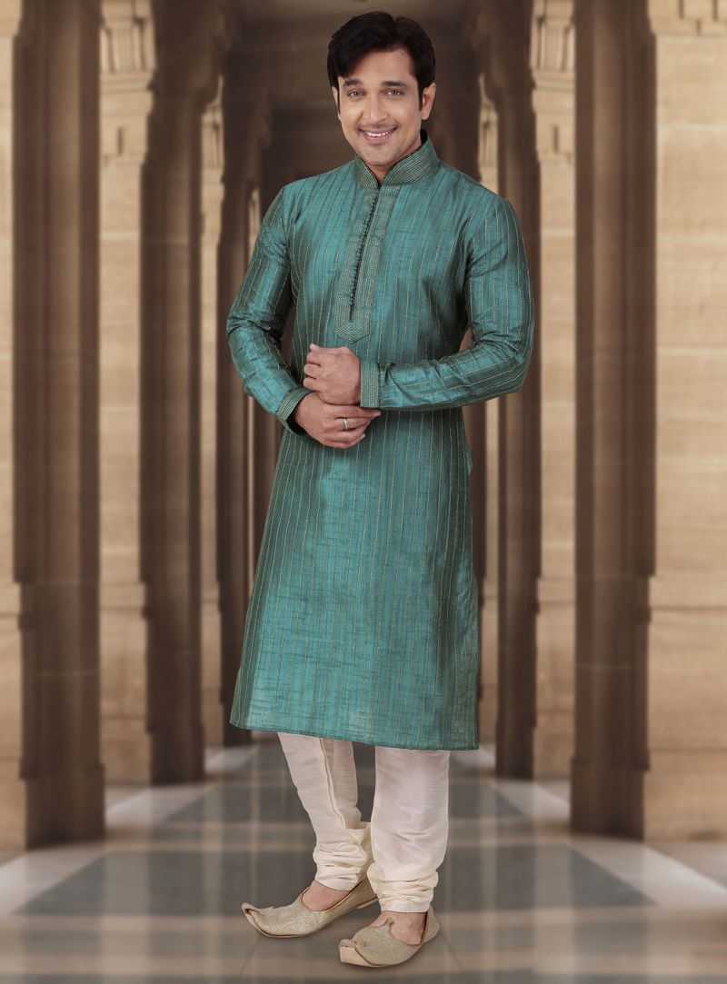 Teal Dupion Readymade Kurta Pajama 107843