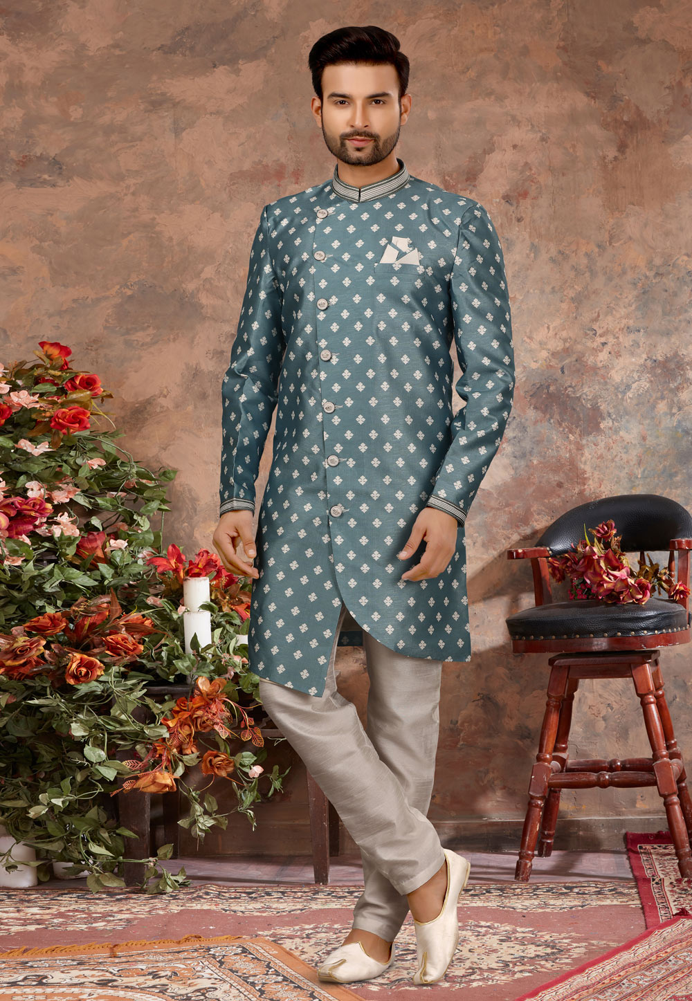 Light Blue Jacquard Indo Western Sherwani 251553