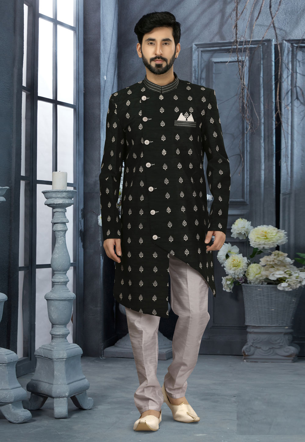 Black Banarasi Indo Western Sherwani 251554