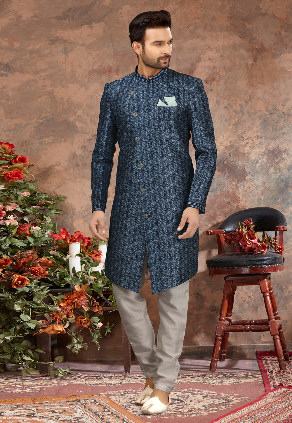 Navy Blue Jacquard Indo Western Sherwani 251555