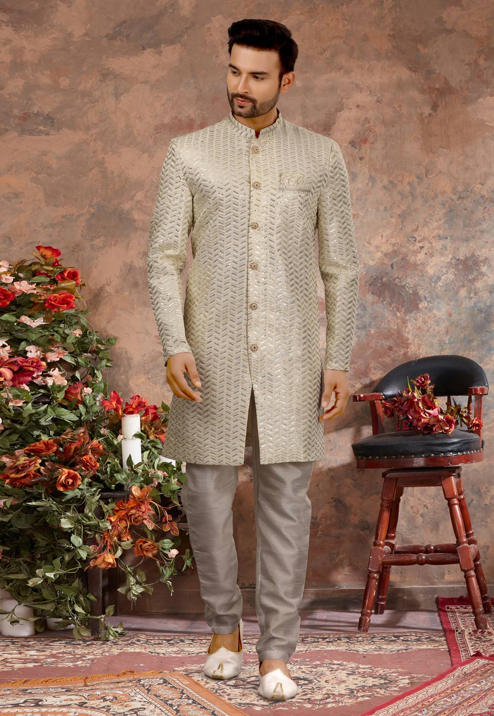 Cream Art Silk Indo Western Sherwani 251556