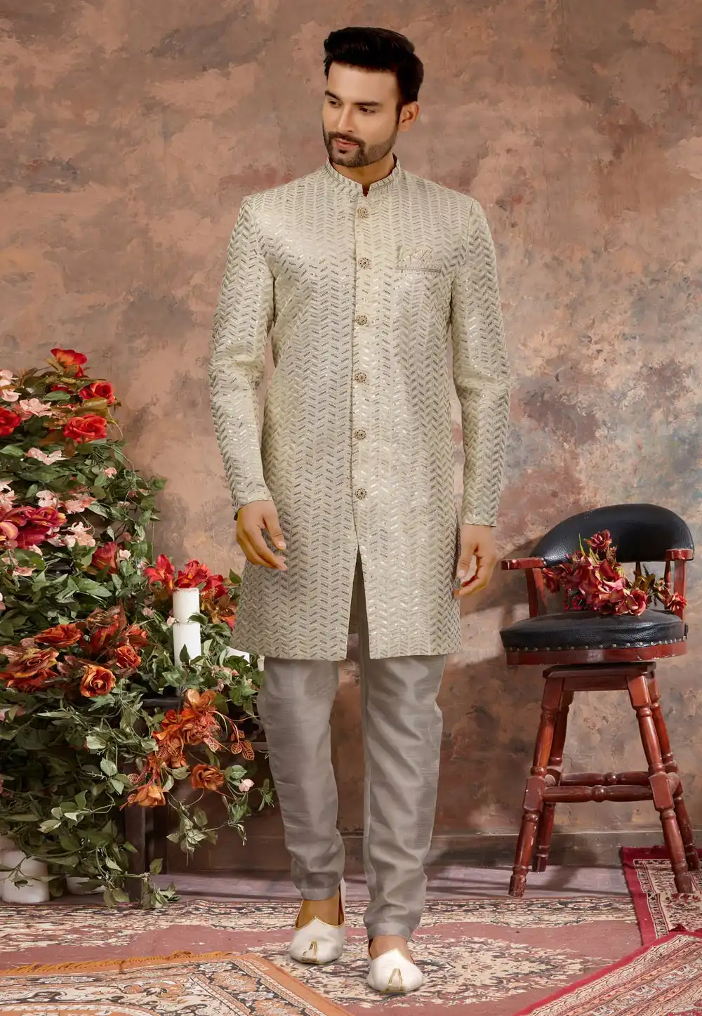 Cream Art Silk Indo Western Sherwani 251556