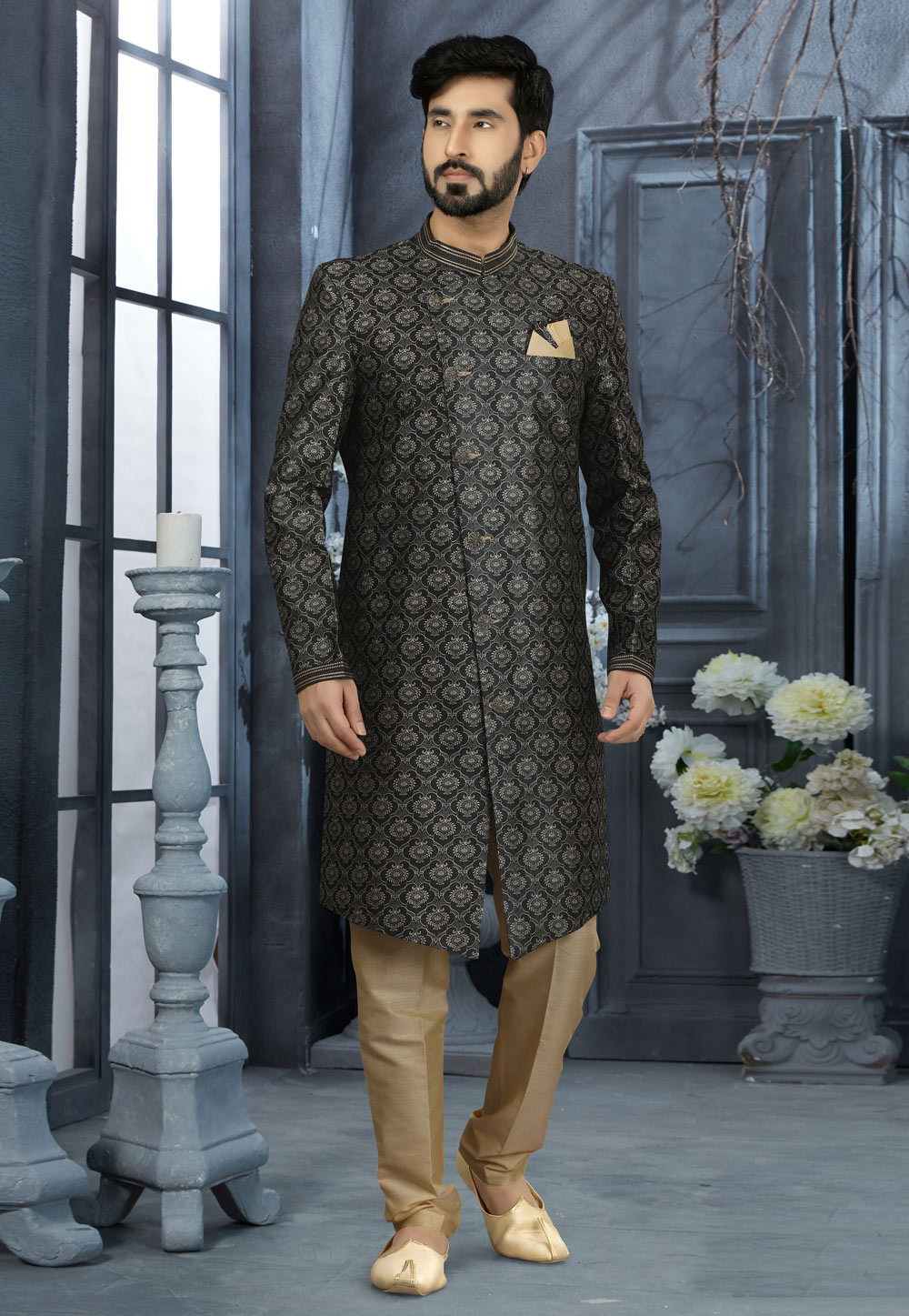 Black Jacquard Indo Western Sherwani 251557