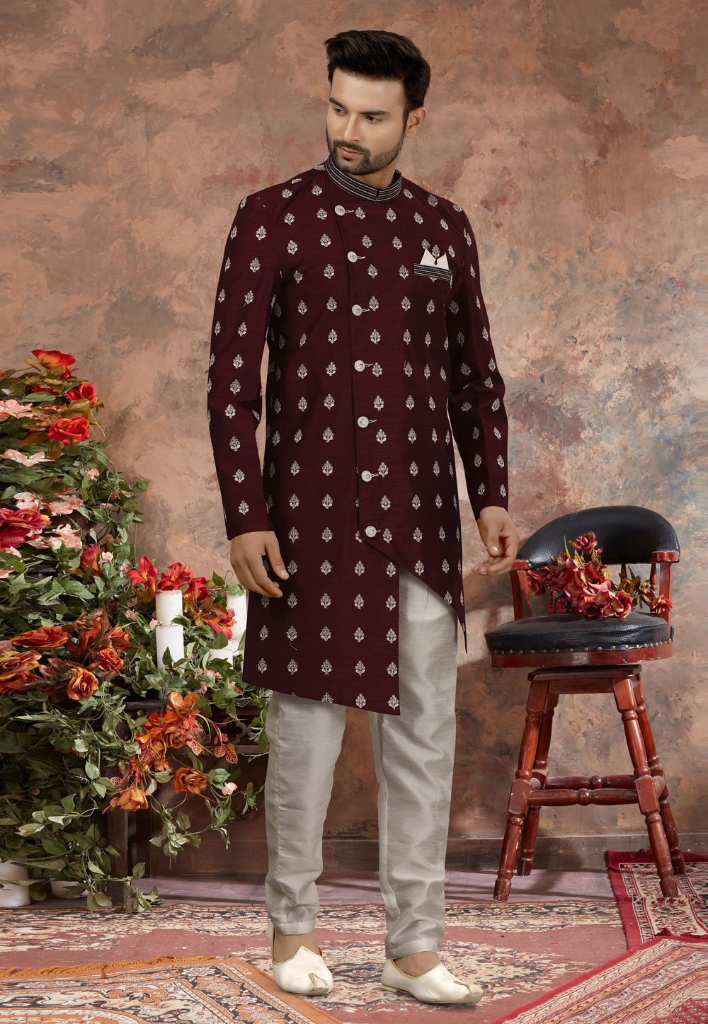Wine Banarasi Indo Western Sherwani 251558