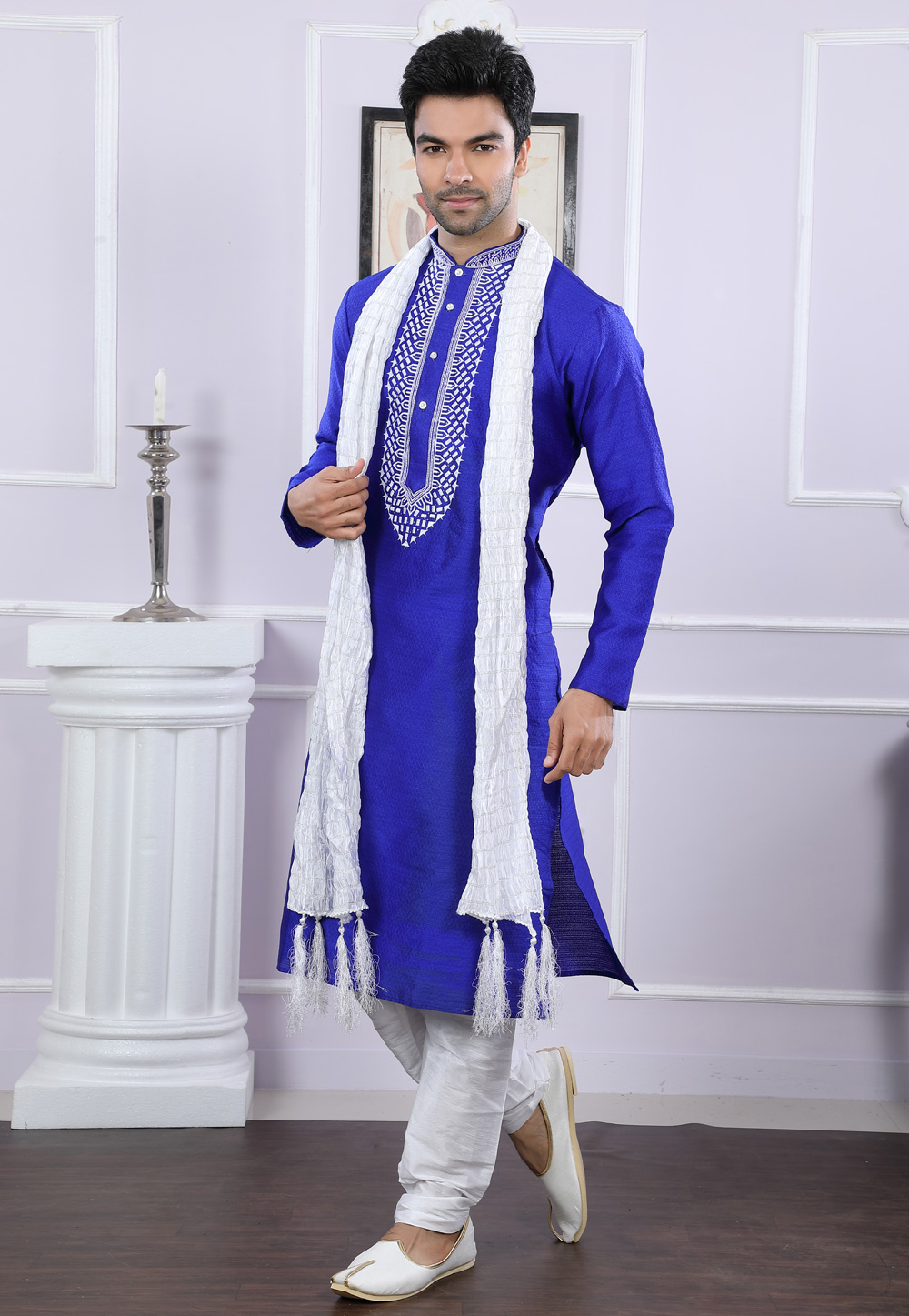 Blue Jacquard Readymade Kurta Pajama 166457