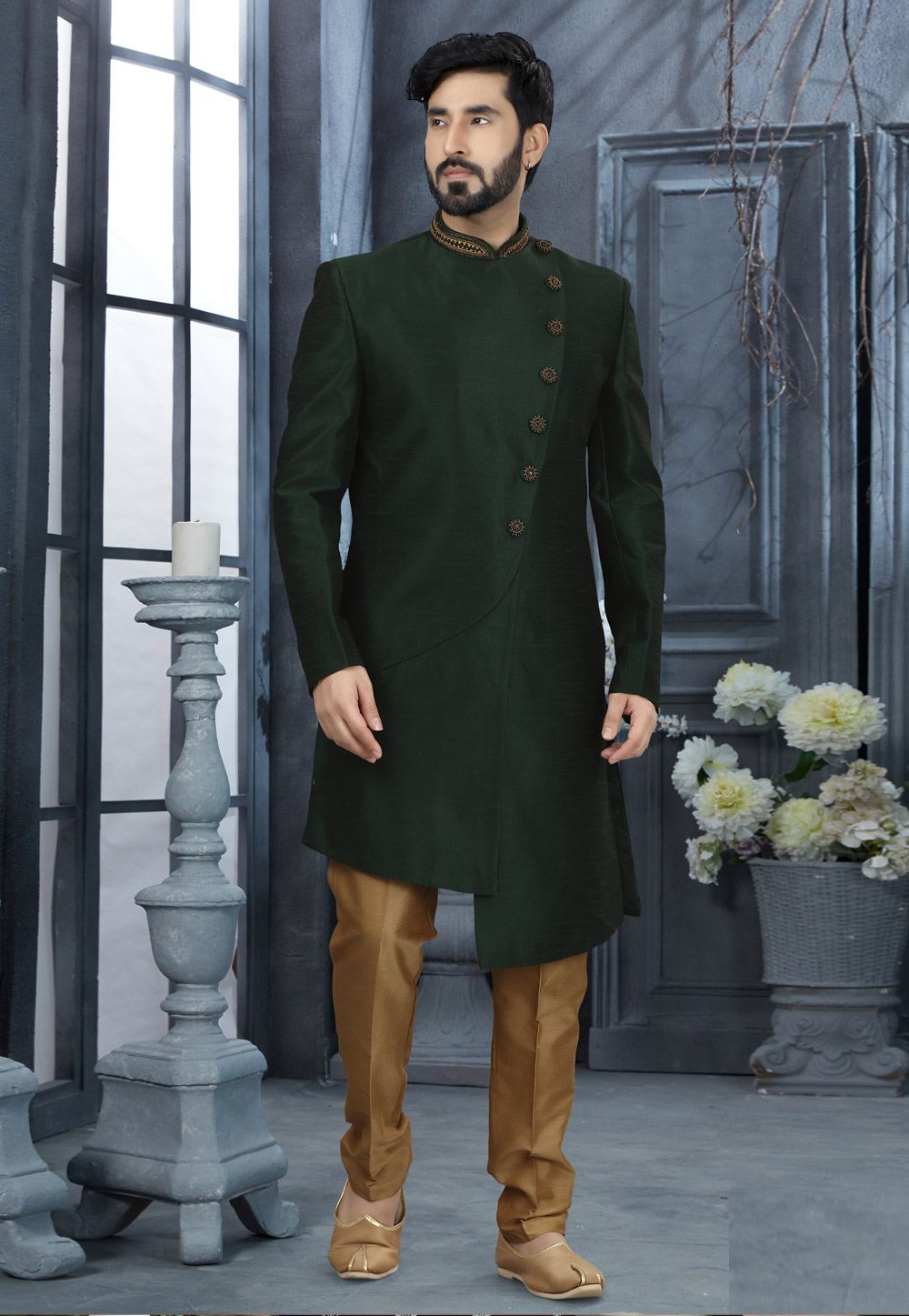 Green Silk Indo Western Sherwani 251559