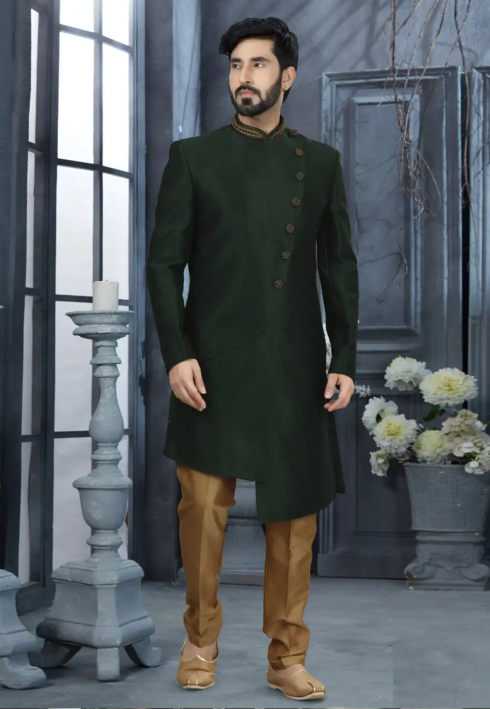 Green Silk Indo Western Sherwani 251559