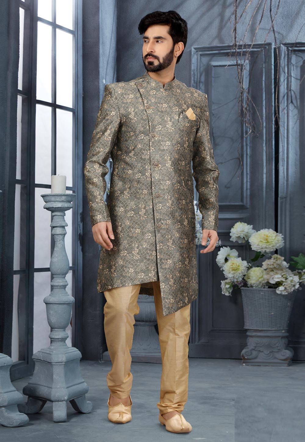 Grey Jacquard Indo Western Sherwani 251561