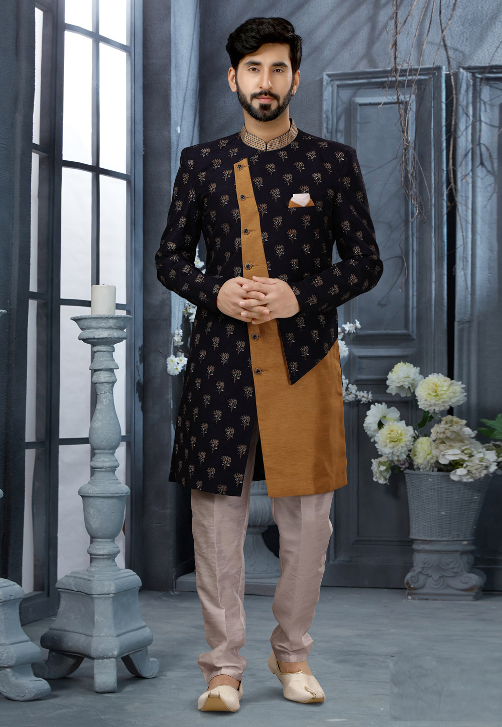 Navy Blue Jacquard Indo Western Sherwani 251563