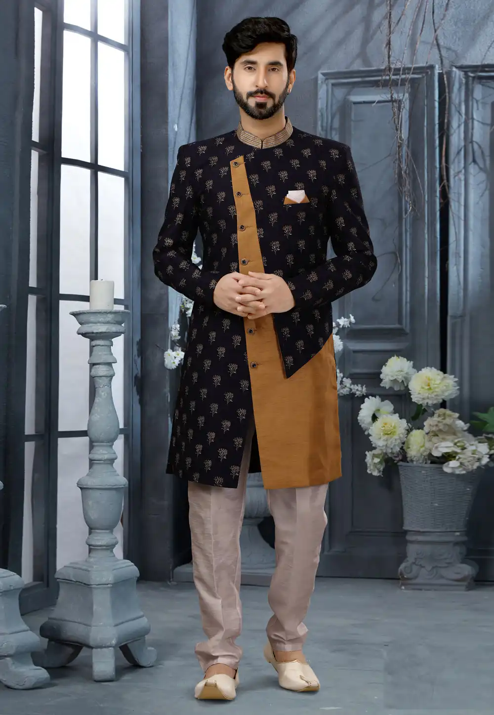 Navy Blue Jacquard Indo Western Sherwani 251563