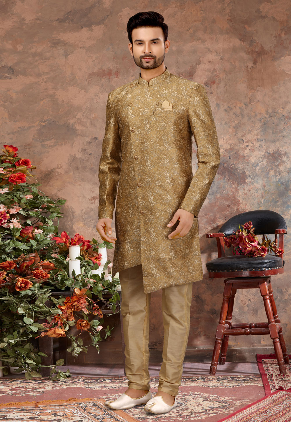 Mustard Jacquard Indo Western Sherwani 251564