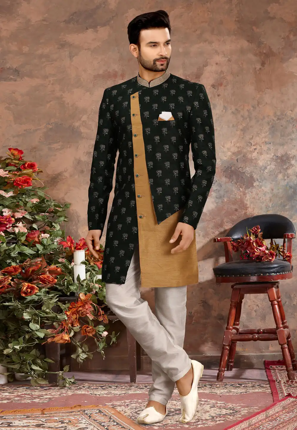 Black Jacquard Indo Western Sherwani 251565