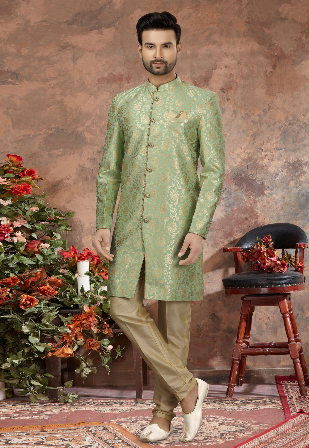 Sea Green Jacquard Indo Western Sherwani 251566