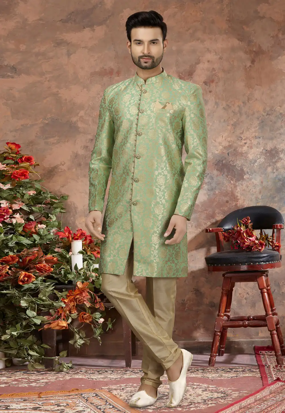 Sea Green Jacquard Indo Western Sherwani 251566
