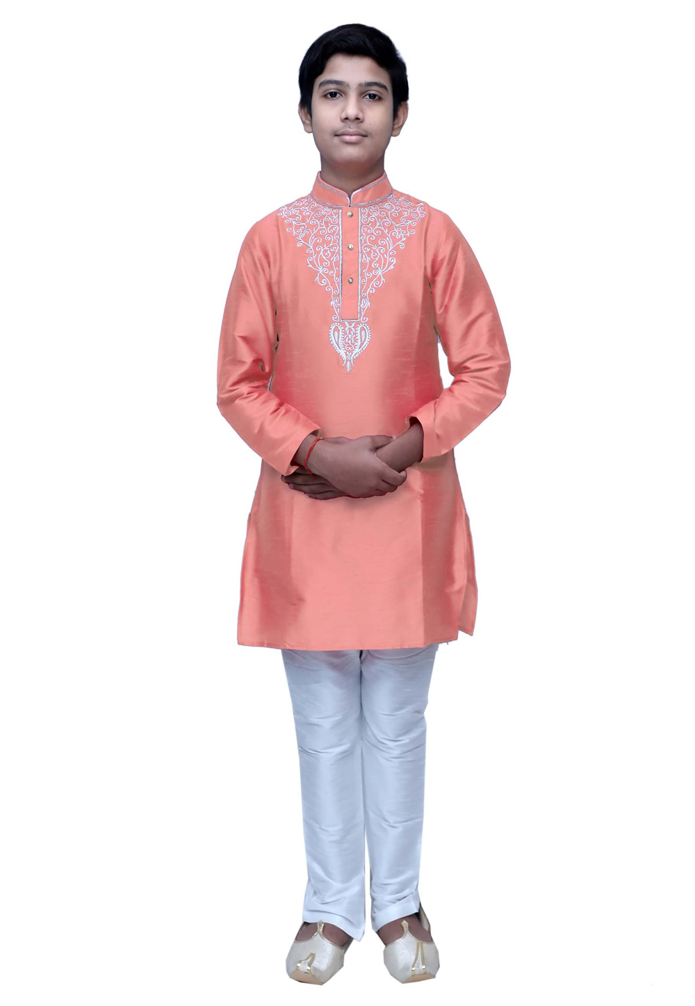 Peach Dupion Silk Readymade Kids Kurta Pajama 211369