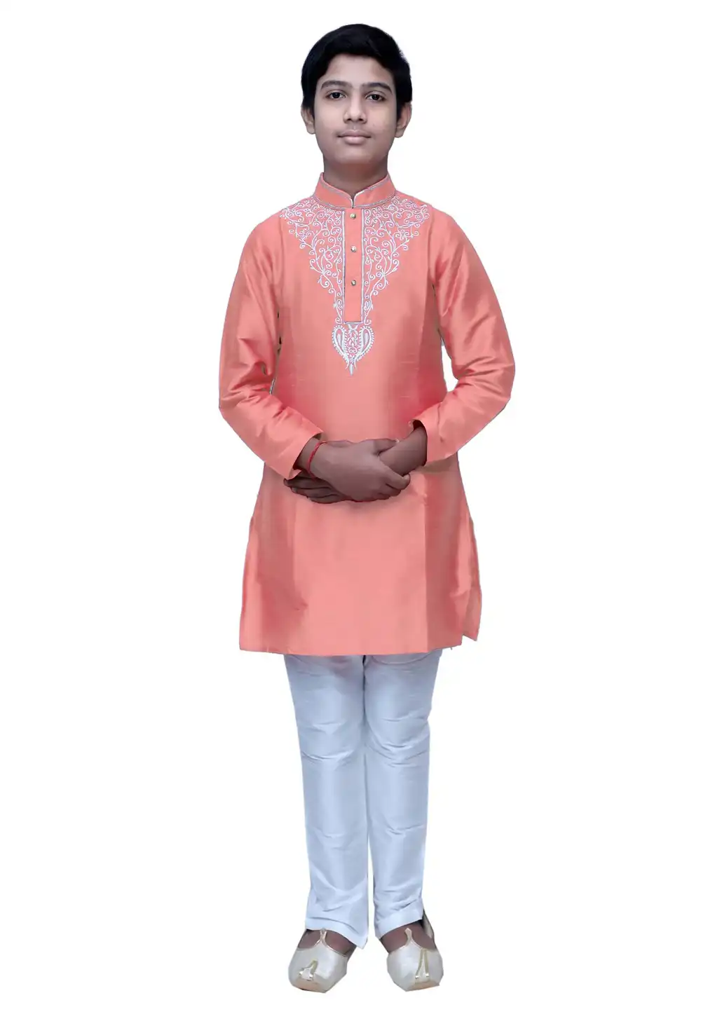 Peach Dupion Silk Readymade Kids Kurta Pajama 211369