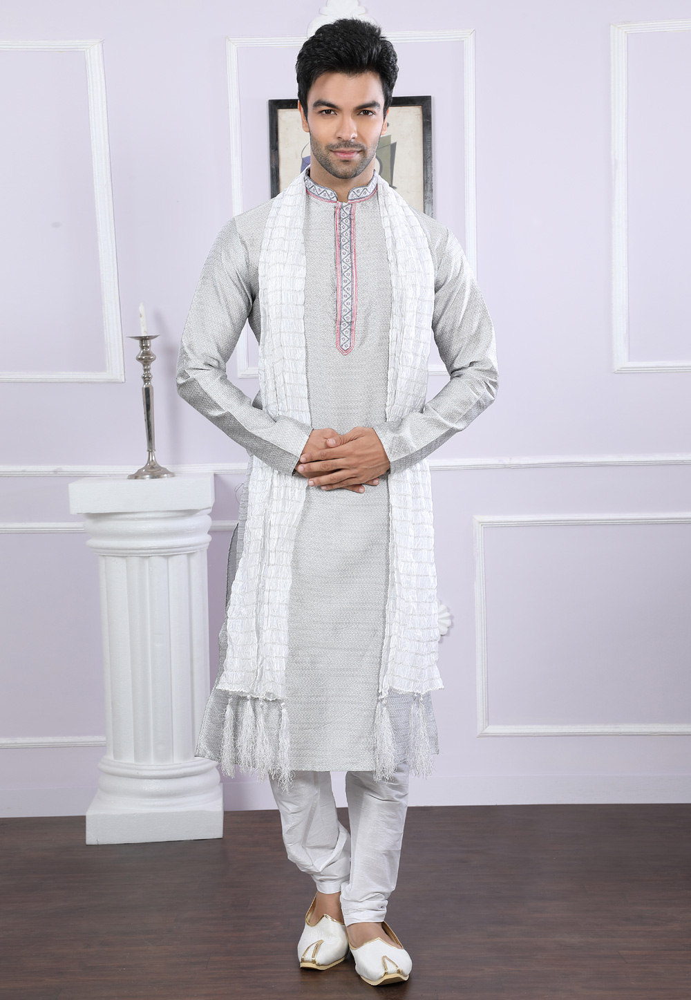 Grey Jacquard Readymade Kurta Pajama 166458