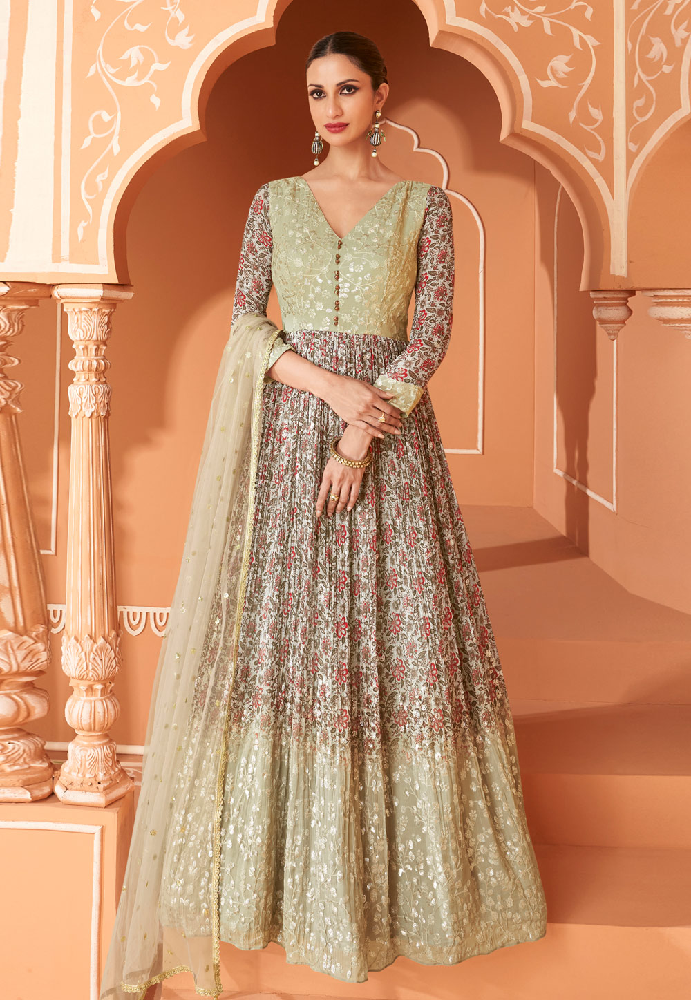 Off White Faux Georgette Long Anarkali Suit 269302
