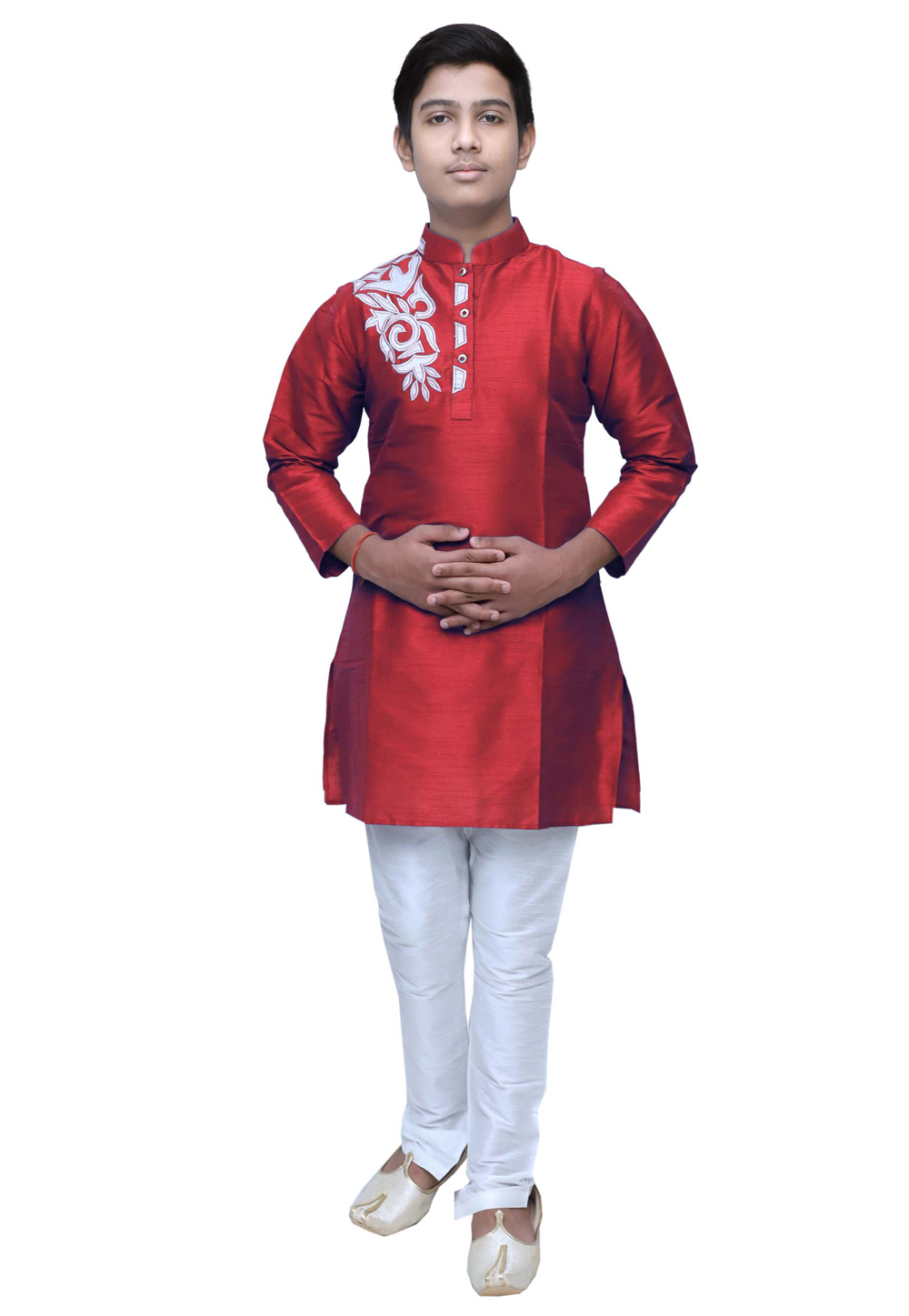 Red Dupion Silk Readymade Kids Kurta Pajama 211370