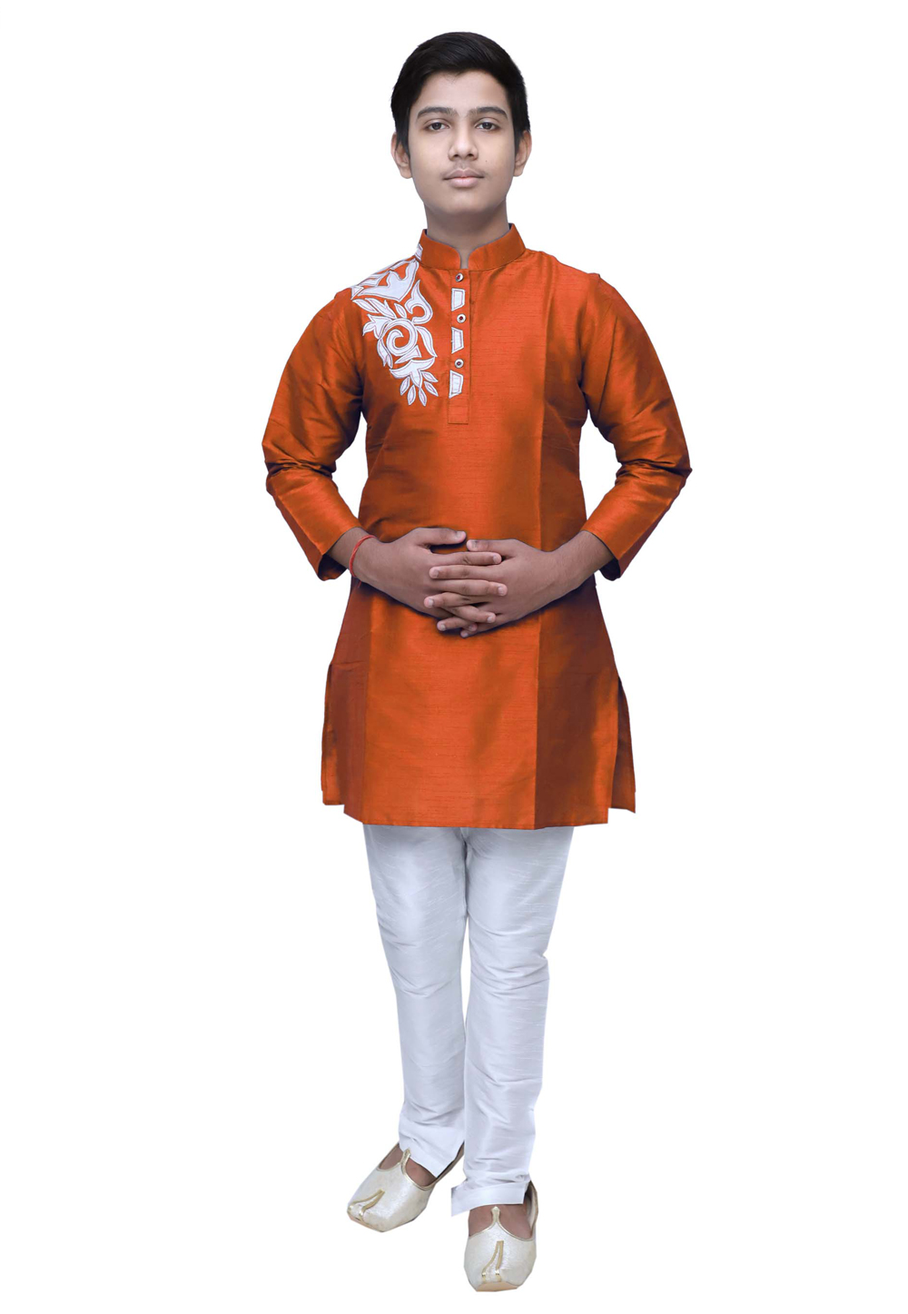 Orange Dupion Silk Readymade Kids Kurta Pajama 211371