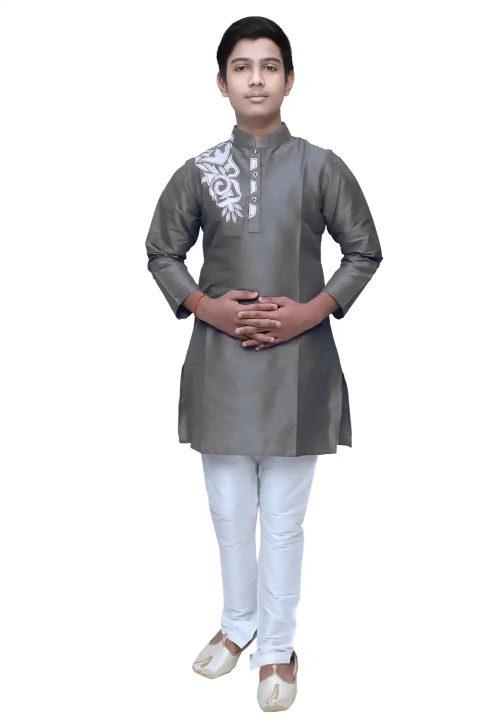 Grey Dupion Silk Readymade Kids Kurta Pajama 211372