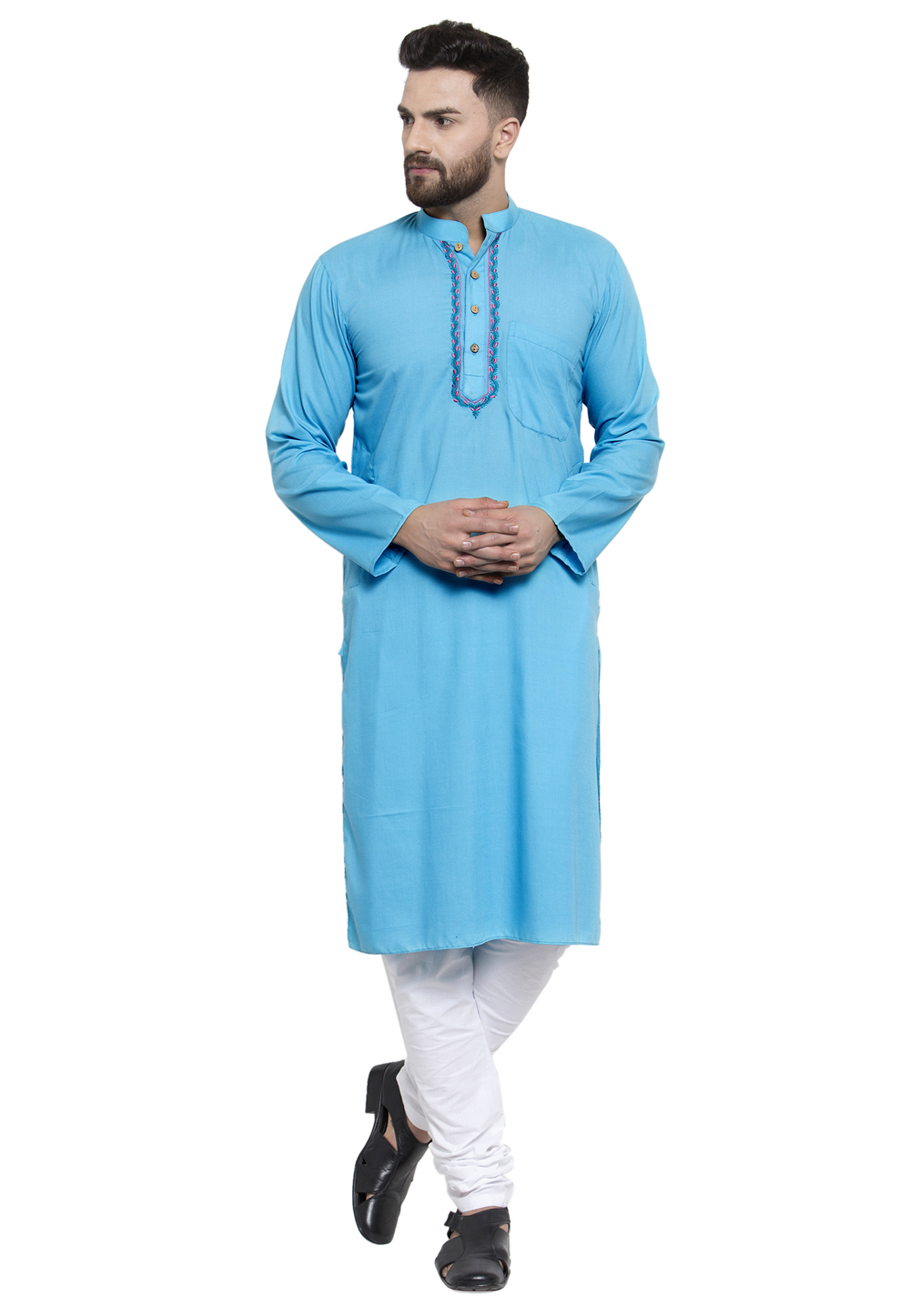 Sky Blue Cotton Readymade Kurta Pajama 194039