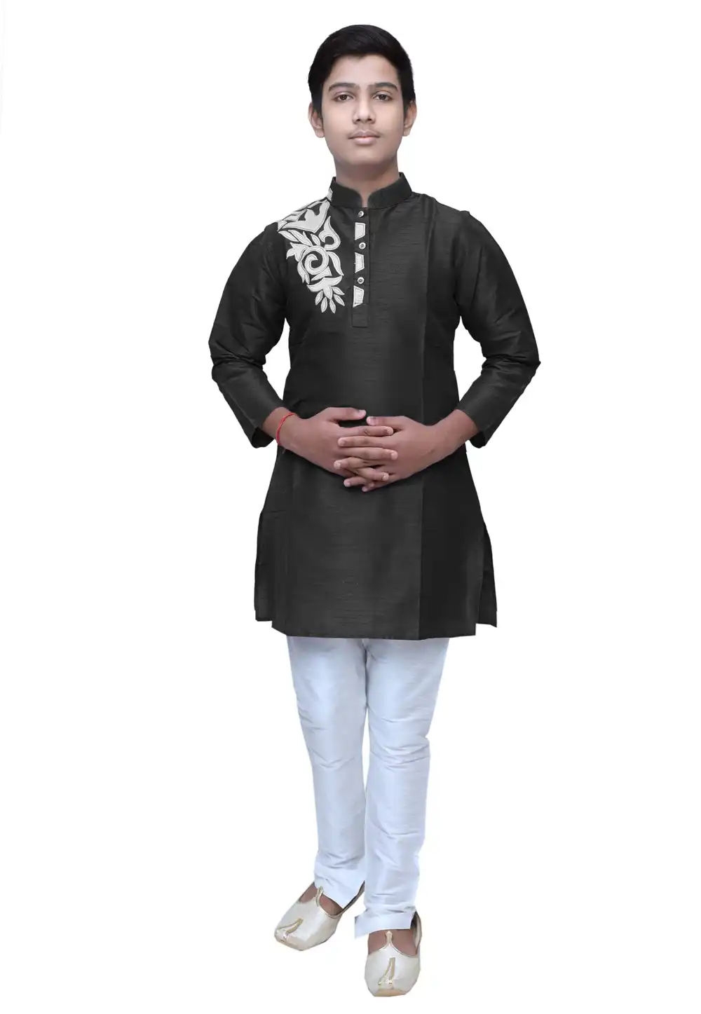 Black Dupion Silk Readymade Kids Kurta Pajama 211373
