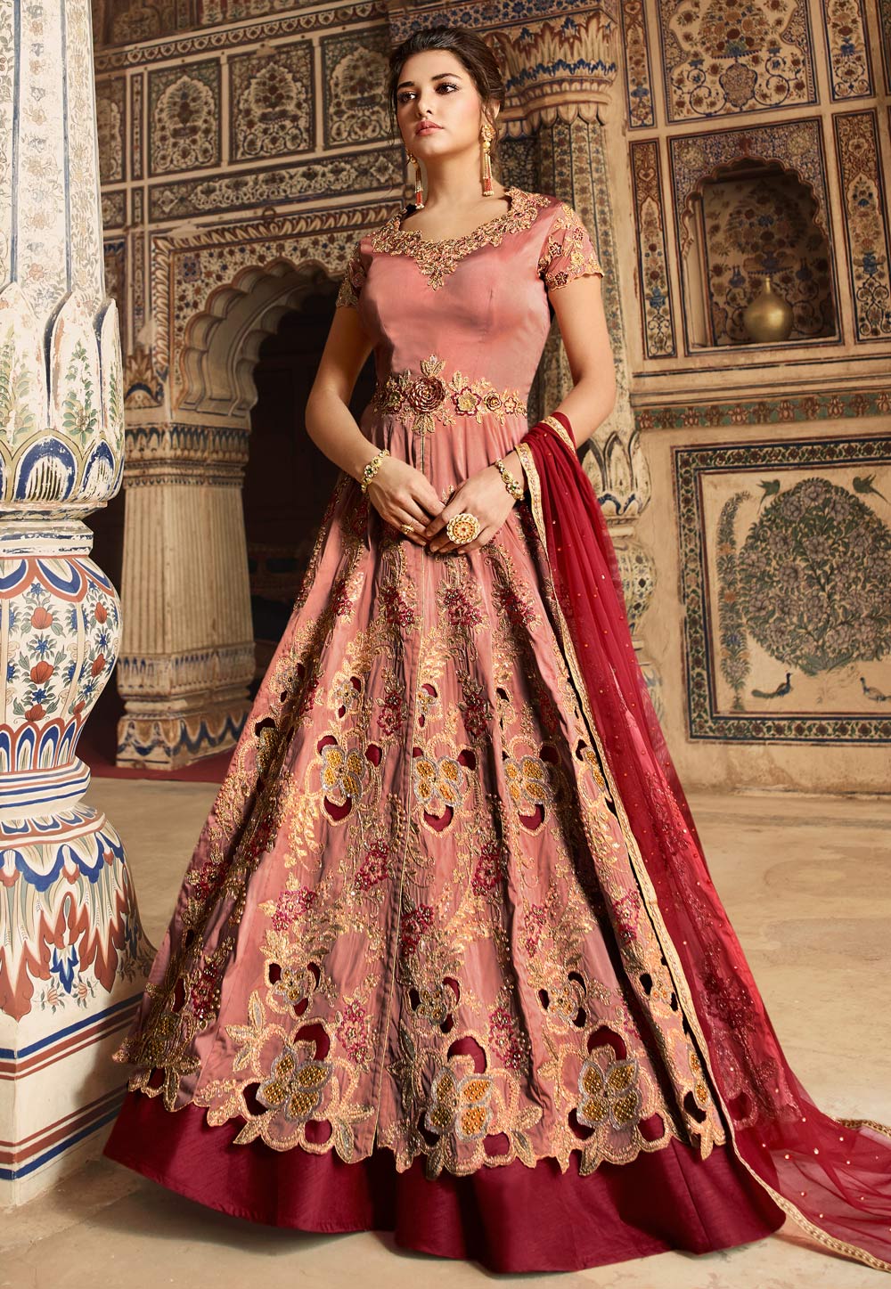 Pink Taffeta Indo Western Lehenga Choli 164809